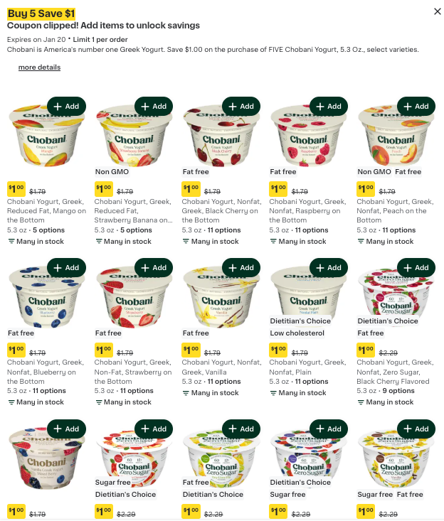 Shows the coupon details page with a list of eligible items for Chobani yogurt.